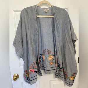 LOFT Blue and White Striped Open Kimono Top with Floral Embroidry